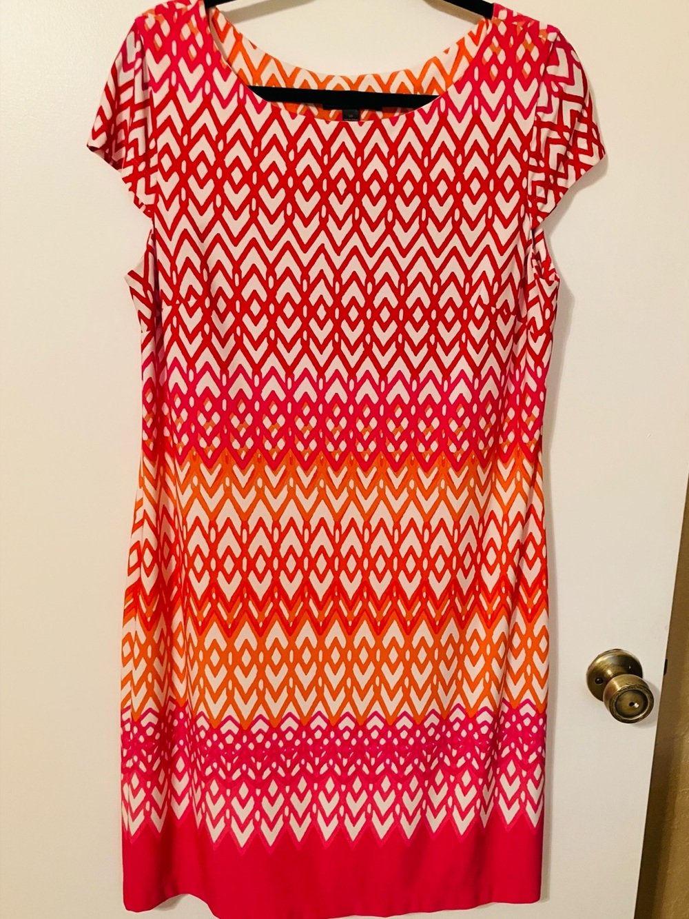 Jessica Howard Womens L Geometric Scoop Neck Short Sleeve Knee Dress Red Orange